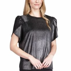 Outlet ๐งจ Michael Kors Petite Foiled Velvet Tulip Sleeve Top Black/silver โญ