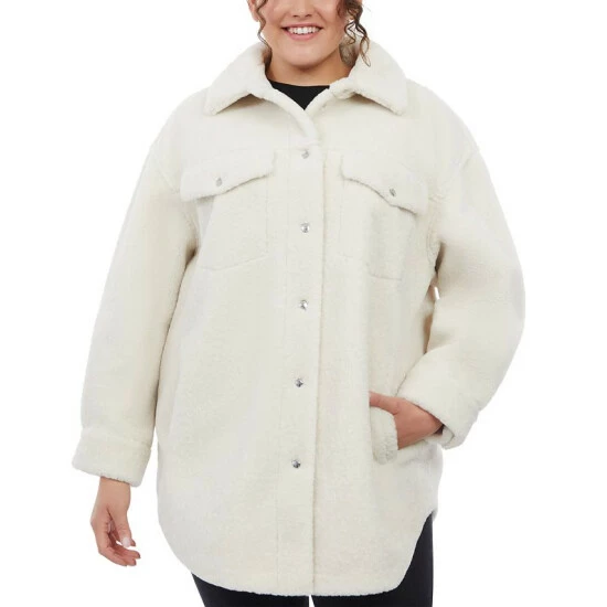 Budget 👏 Michael Kors 👩 Women's Plus Size Faux-Shearling 👚 Shirt Jacket, Created For Macy's Ivory ✨