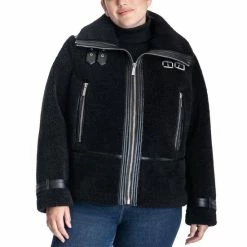 Hot Sale 💯 Michael Kors 👩 Women's Plus Size Faux-Shearling Moto 🧥 Coat Black 😍