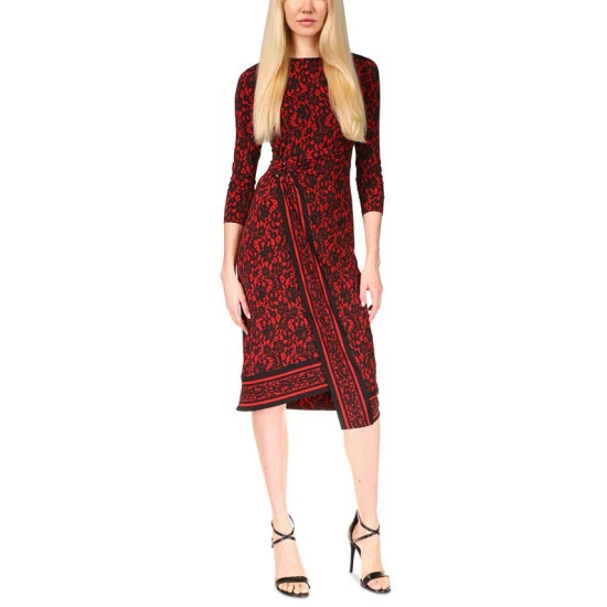 Wholesale โ๏ธ Michael Kors Petite Lace-Detail Asymmetrical-Hem Midi ๐ Dress Crimson ๐งจ