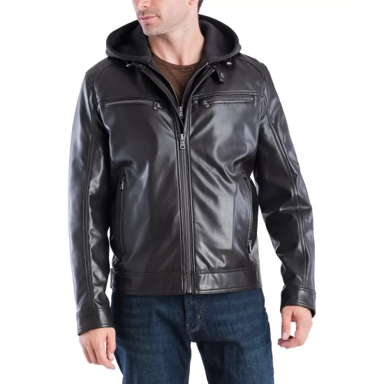 Coupon ⭐ MICHAEL Kors Men's Faux-Leather Hooded Bomber Jacket, Created For Macy's Espresso ✔️ - Image 6