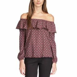 Discount ๐ Michael Kors Petite Printed Ruffled Off-The-Shoulder Top Merlot ๐คฉ