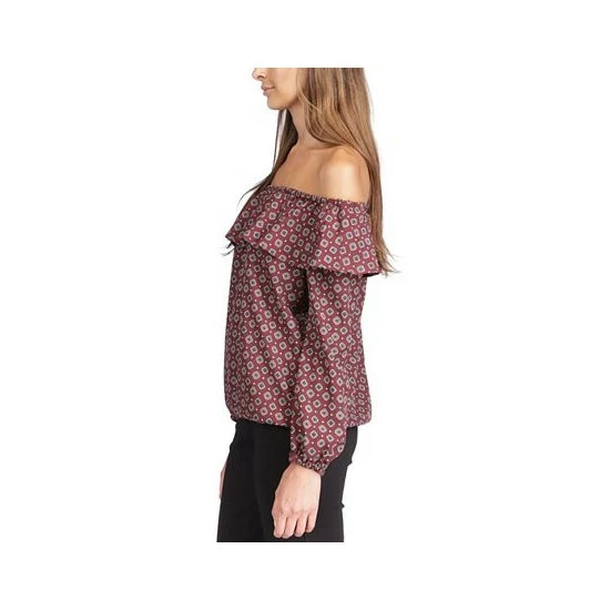 Discount 😍 Michael Kors Petite Printed Ruffled Off-The-Shoulder Top Merlot 🤩 - Image 3