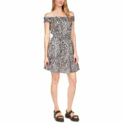 New 👏 Michael Kors 👩 Women's Zebra-Print Off-The-Shoulder 👗 Dress Khaki 🎉
