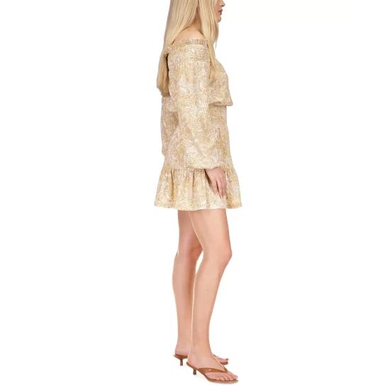 Best Sale 🔥 Michael Kors 👩 Women's Printed Crinkle Off-The-Shoulder Mini 👗 Dress Midnight Blue 👏 - Image 4