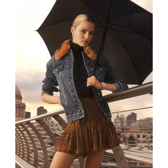 Best Sale 🎁 Michael Kors 👩 Women's Removable-Collar Faux-Fur Cotton Denim Jacket Dusk Blue Wash 👏 - Image 5