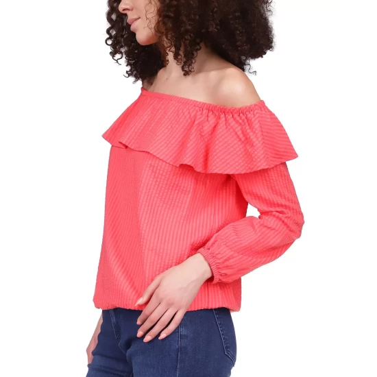 Best deal π Michael Kors π© Women's Seersucker Off-The-Shoulder Top White β€οΈ - Image 5