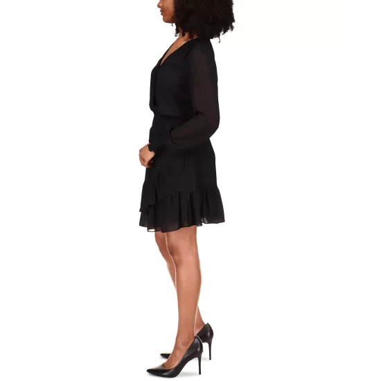 Best Sale 💯 Michael Kors Ruffled Faux-Wrap 👗 Dress, Regular & Petite Black 🤩 - Image 5