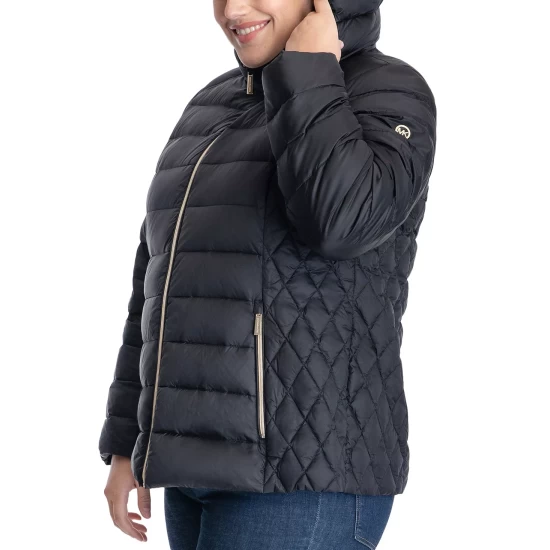 Best Sale 😀 Michael Kors Plus Size Hooded Stretch Packable Down Puffer 🧥 Coat, Created For Macy's Merlot 👏 - Image 5