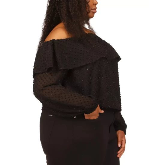 Best reviews of ⌛ Michael Kors Plus Size Beaded Off-The-Shoulder Ruffle-Neck Top Black 😀 - Image 4