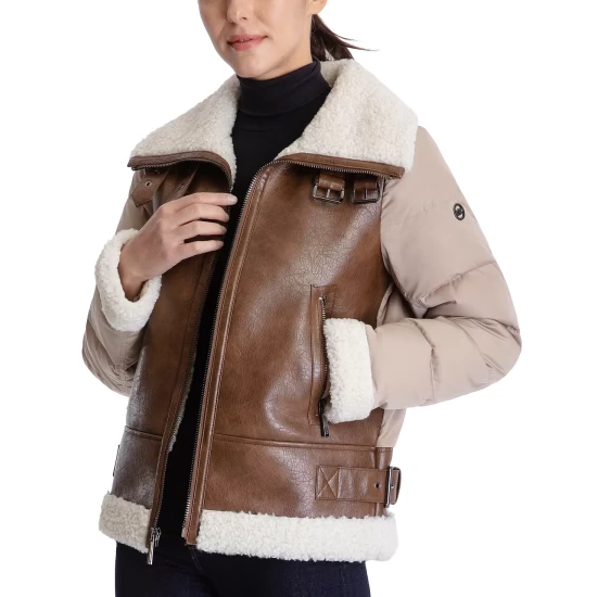 Cheap π Michael Kors π© Women's Faux-Shearling Down Puffer π§₯ Coat Taupe/ivory β¨ - Image 5