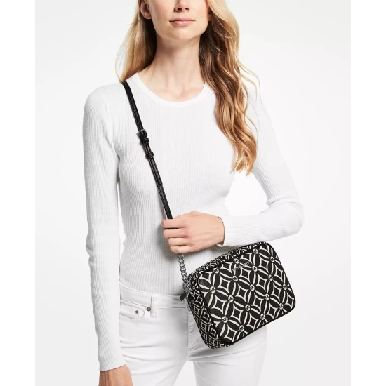 Best Sale 🔥 Michael Kors 👩 Women's Printed Crinkle Off-The-Shoulder Mini 👗 Dress Midnight Blue 👏