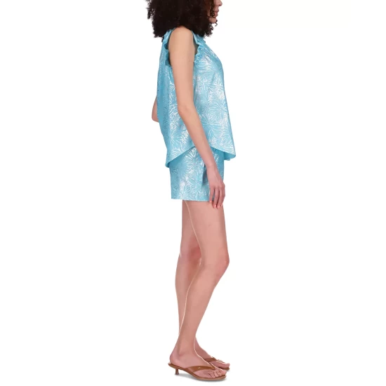Best deal 👏 Michael Kors Cotton Foil-Print Ruffled Top Turquoise ⭐ - Image 5